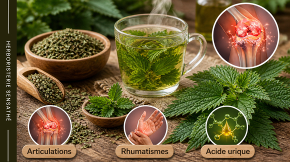 Tisane d’ortie et feuilles fraîches utilisées pour les articulations rhumatismes et acide urique - Herboristerie Sensathé Tisane d’ortie et feuilles fraîches utilisées pour les articulations rhumatismes et acide urique - Herboristerie Sensathé